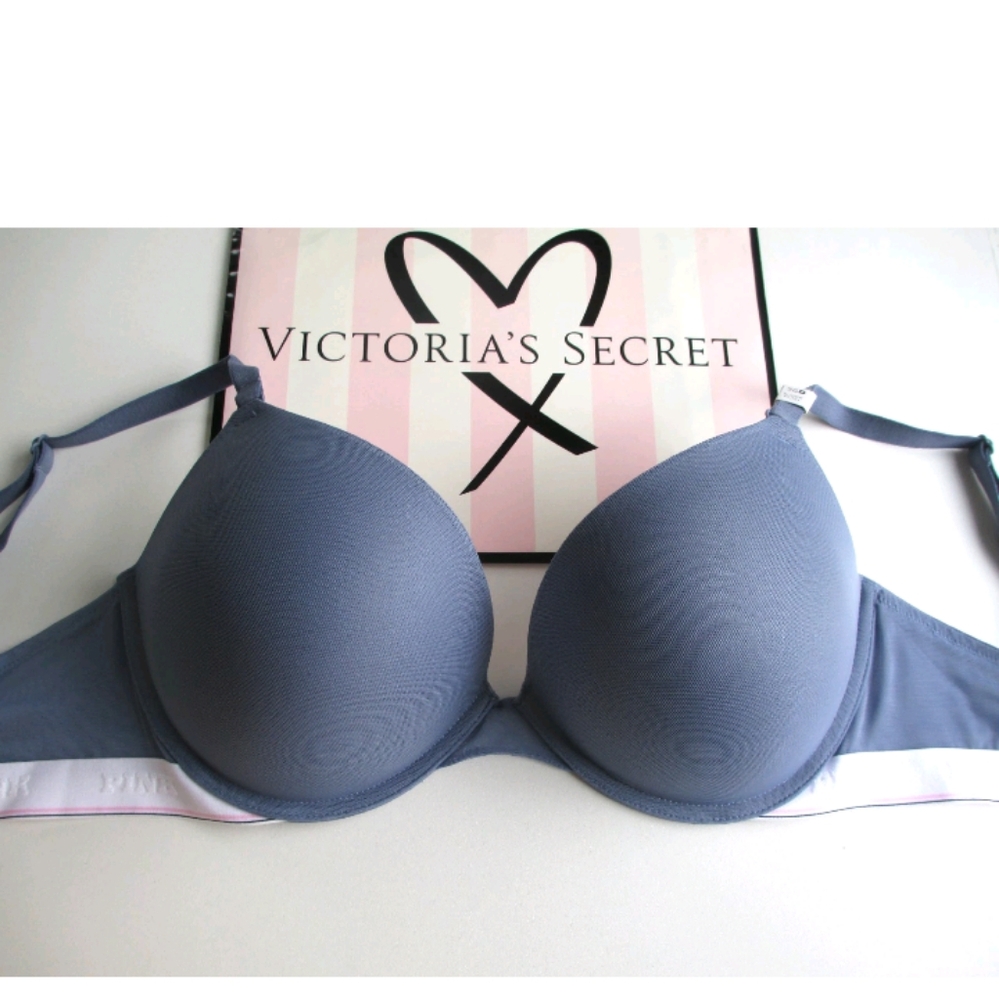 VICTORIA'S SECRET PINK Super Push-Up Bra VS Blue Mesh White Logo 36C 38D
